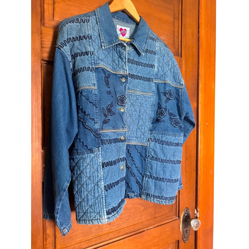 Vintage Keren Hart Denim Quilted Floral Embroidered Jacket Blue XL CottageCore